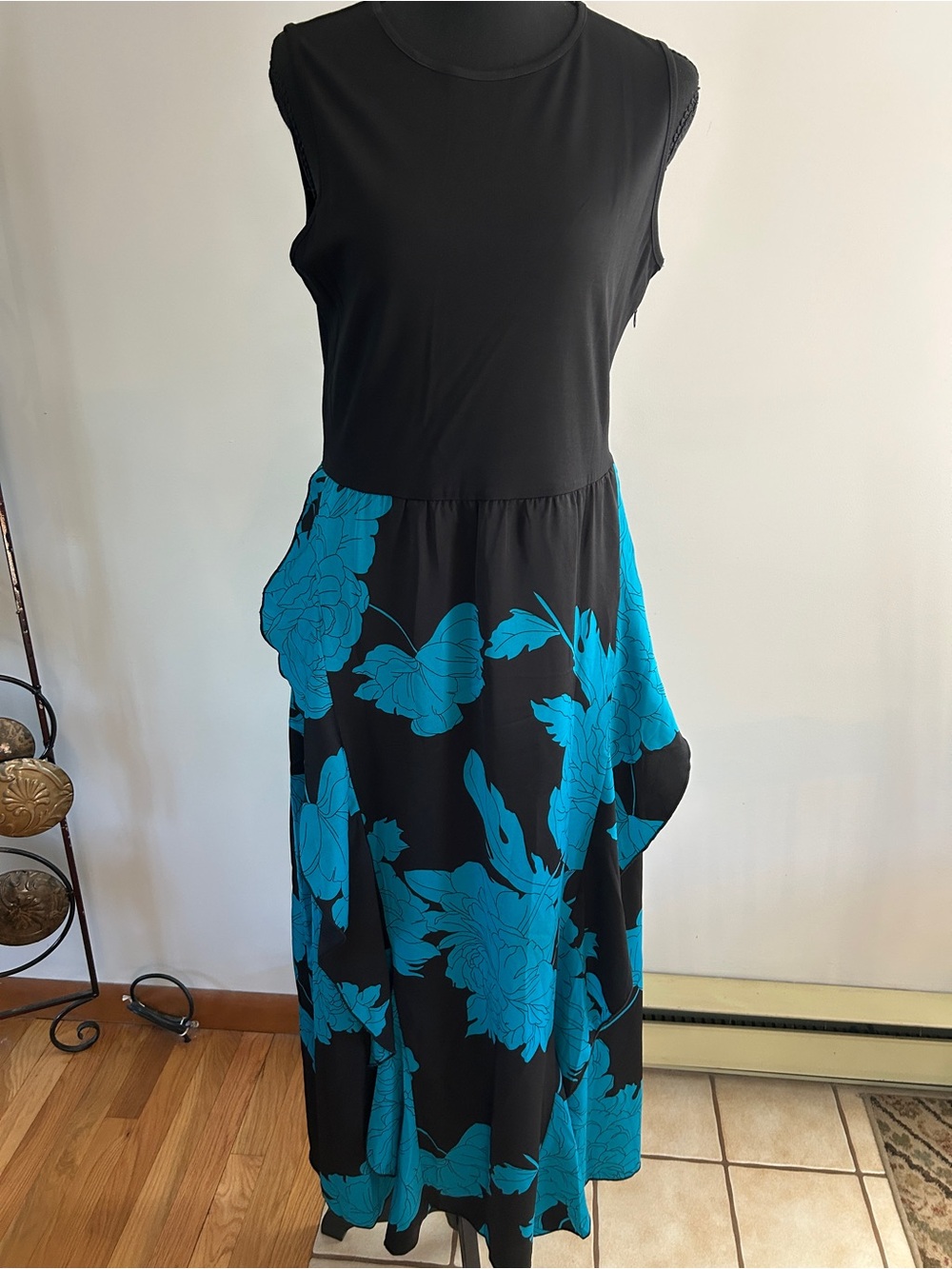 Sleeveless Black Midi Dress with Turquoise Floral Skirt